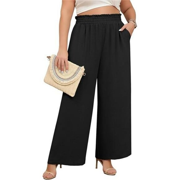 Plus Size Wide Leg Palazzo Pants Elastic Waist Loose Work Trousers Pockets - Picture 7 of 7